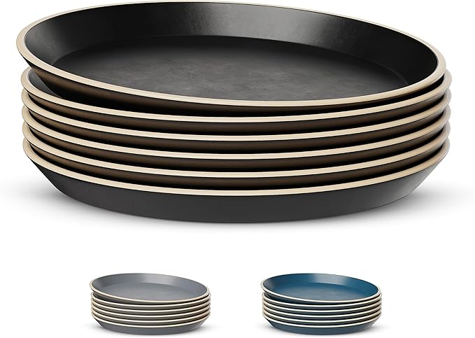 KooK Salad Plates, Ceramic Round Dishes for Appetizers and Desserts, Dishwasher & Microwave Safe, Stoneware, High Edge, 8.5 Inch, Set of 6, Charcoal Black