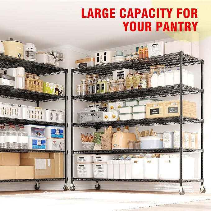 GAOMON 59" W Storage Shelves 86.2" H Heavy Duty Garage Shelving Units with Wheels, 5-Tiers Wire Shelving Rack Metal Storage Shelves for Garage Pantry Kitchen Commercial Industrial, 3300LBS Capacity
