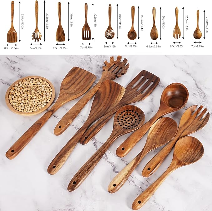 Wooden Spoons for Cooking – 9 Pc Teak Wood Utensil Set, Durable, Nonstick Safe & Heat Resistant with Ergonomic Handles - Unique Kitchen Gifts for Women Men, Cooking Gifts for Men Women