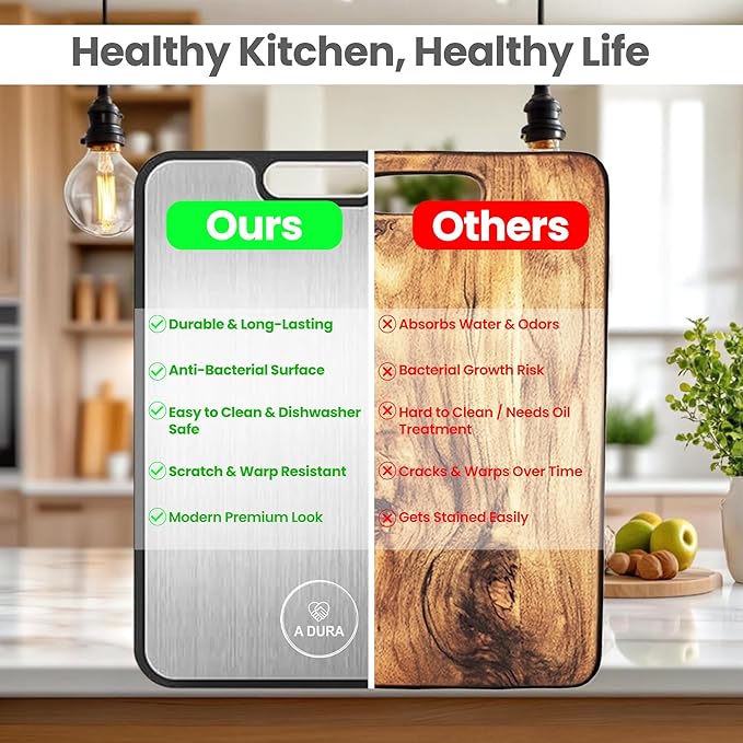 A DURA Titanium Cutting Board with Double-Sided Design - Pure Titanium, Wheat Straw PP, Juice Groove Garlic, Grinding Zone Chopping Board for Meat, Vegetables & Fruits, Dishwasher Safe, Easy to Clean,