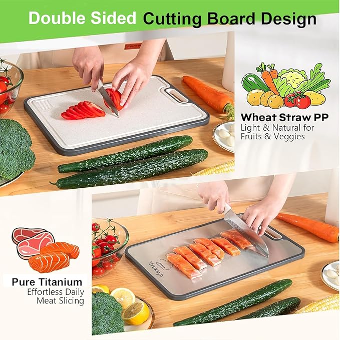 Titanium Cutting Board for Kitchen, Double Sided Non Toxic Titanium Cutting Board with JUICE GROOVE, Titanium&Wheat Straw PP, Easy to Clean, Kitchen Gifts15”×10”-1 PC