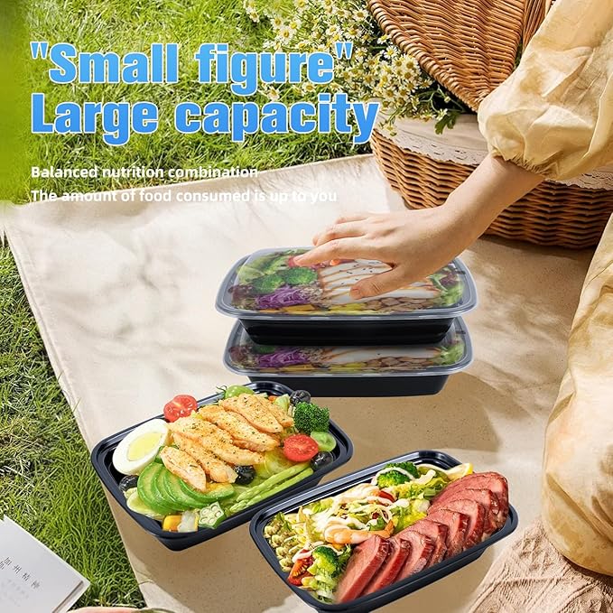 50 Pack (100-Piece) 38oz Meal Prep Containers Black Rectangle,Reusable and Sturdy, Leakproof Food Safe Design, Disposable Takeout Lunch Boxes, BPA-Free, Freezer and Dishwasher Safe