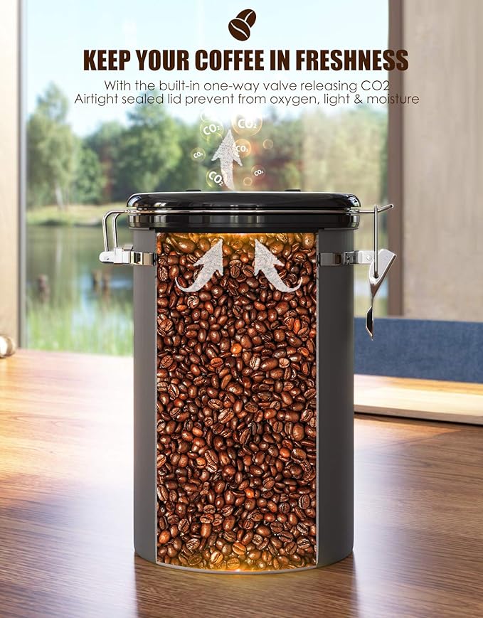 HAIOOU Airtight Coffee Canister, 16OZ Small Stainless Steel Coffee Bean Storage Container with Date Tracker, Measuring Scoop, CO2 Releasing Valves and Mini Tongs for Beans, Grounds and more - Gray