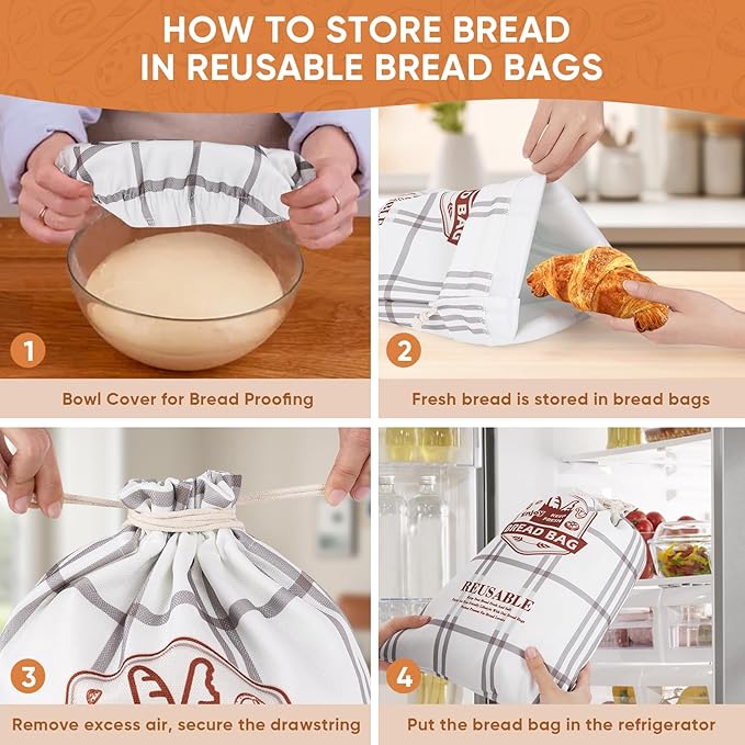 Bread Bag for Homemade Sourdough Bread and Proofing Cover, Reusable Linen Sourdough Bread Storage Bag - Bread Boxes with Dough Proofing Bowl Cover