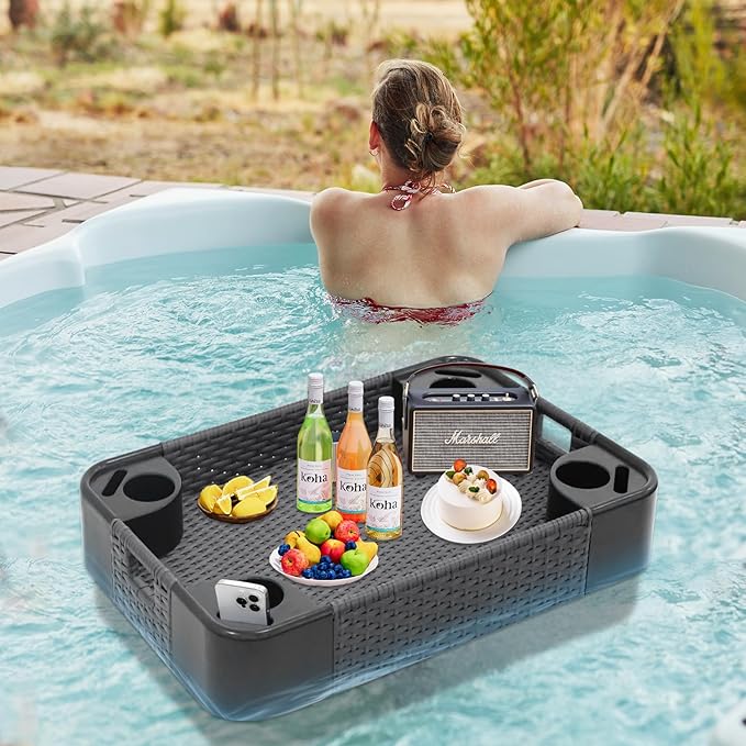 COOS BAY 35''x24'' Rectangular Floating Drink Holder for Pool and Hot Hub, Large Floating Serving Tray with Handles, Wicker Floating Pool Tray for Food and Drinks, Gray