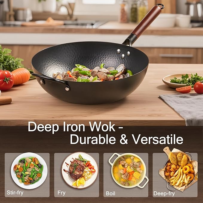 Wrought Iron Flat Bottom Wok with Glass Lid – Detachable Wooden Handle, Non-Coated Naturally Nonstick Frying Pan for Gas, Electric & Induction Stoves (Black Wok with Helper Handle, 13.4 inch)