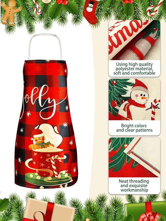 SATINIOR 4 Pcs 21.7" x 26.8" Christmas Aprons Adjustable Kitchen Aprons Xmas Plaid Merry Christmas Bib for Adults