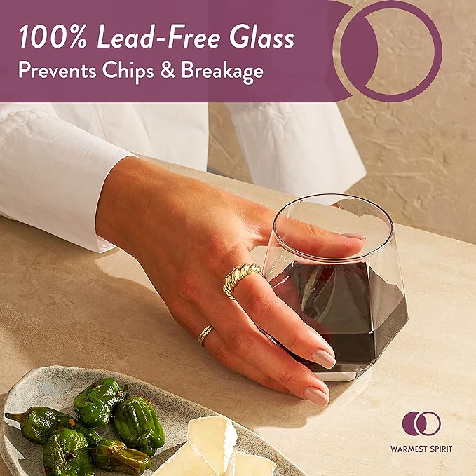 Hexagon Stemless Wine Glasses Set of 6 – Elegant 10.5 oz, Durable, Dishwasher Safe, Spill-Proof Design, Perfect for Wine, Cocktails, Whiskey, Everyday Use, Dinner Parties, and Entertaining, Giftable