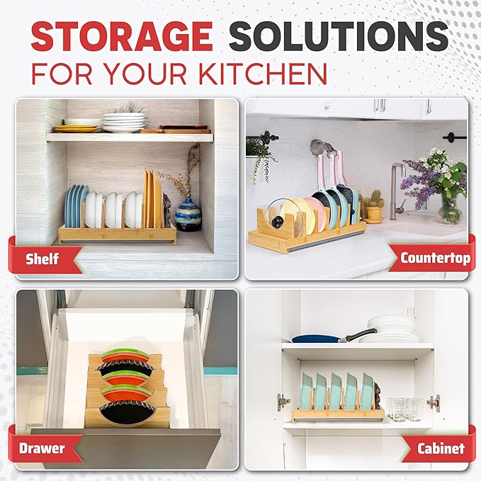 [Upgraded] Bamboo Pots and Pans Organizer under Cabinet, Bakeware and Cutting Board Organizers with Diatomaceous Earth Base & 7 PCS Adjustable Dividers, Tray Organizer for Kitchen Storage