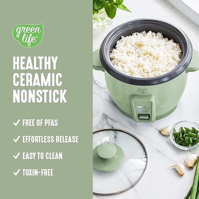 GreenLife Rice Cooker with Removable PFAS-Free Nonstick Pot, 3-Cups Uncooked/6-Cups Cooked, One-Switch Design, Auto Keep Warm Function, Soup, Grains, Oatmeal, Wood Handle, Sage Green