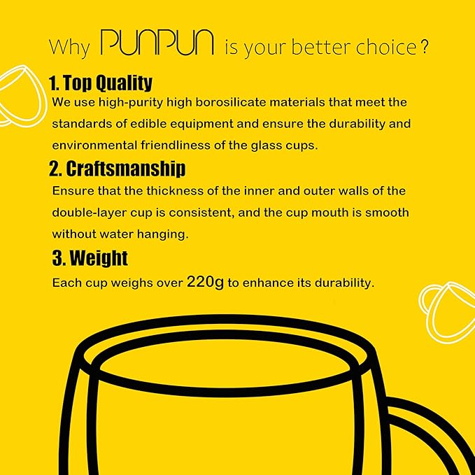 PunPun Coffee Cups Clear12.9OZ. 380ml Coffee Mugs, Espresso Cups,Double Wall Milk Cup with Big Handle,Perfect Mug for Hot Beverages, Latte, Cappuccinos Set of 2