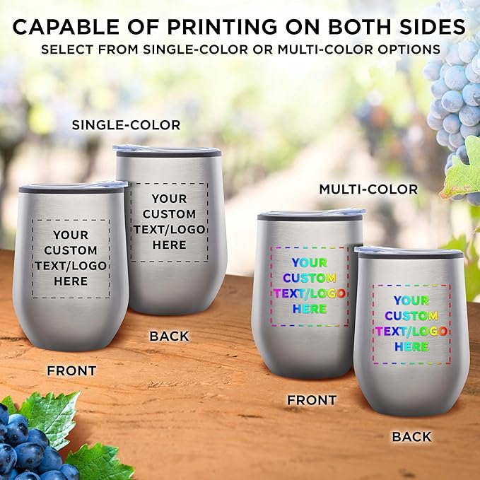 Custom Stemless Wine Tumblers 12 oz. Set of 24, Personalized Bulk Pack - Insulated, Perfect for Wine, Cocktails, Other Hot & Cold Beverages - Silver