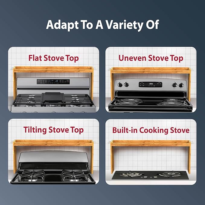 IIIOIIIA Bamboo Over The Stove Spice Shelf for Kitchen Storage, 31.5" Kitchen Spice Rack Organizer Stove Top Shelf with 6 Hooks, 11.4" Height Extra Storage Countertop, Easy to Assemble