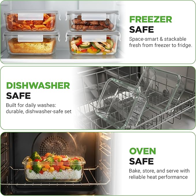 NutriChef 10-Piece Superior Glass Food Storage Containers Set (5 Containers + 5 Locking Lids),Stackable Meal-prep Design, BPA-free Airtight Clear Locking lids with Vent Lids & Air Hole, Gray