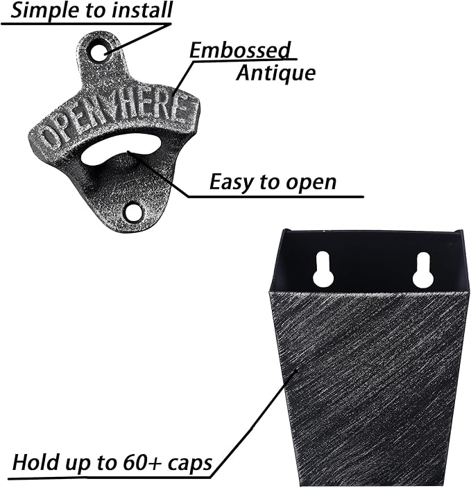 Old Fashioned Cast Iron Beer Cap Opener Wall Mounted Bottle Opener with Cap Catcher Narrow Bundle (Aged Silver)
