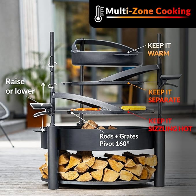 Grand Hearth 32" Cooking Fire Pit, Deluxe 3-in-1 Grill Plate, Griddle Skillet Set, Rods, Frying Pan Set, Backyard BBQ Grilling Campfire, Handcrafted, Large Outdoor Steel Firepit by Good Directions