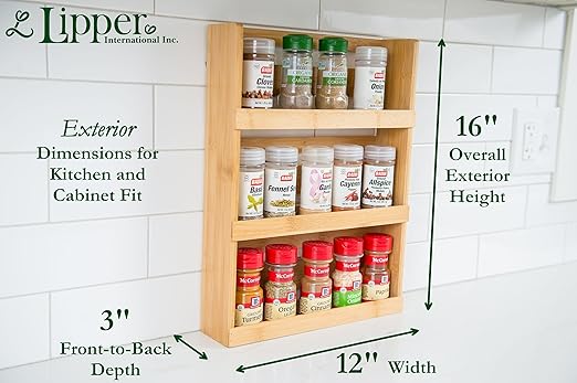 Lipper International Bamboo Wood 3-Tier Spice Rack 8840 - Space Saving 12" x 2.3" Vertical Storage for Spices or Craft Supplies - Attached Ring Hangers, Easy Hand Wash Maintenance