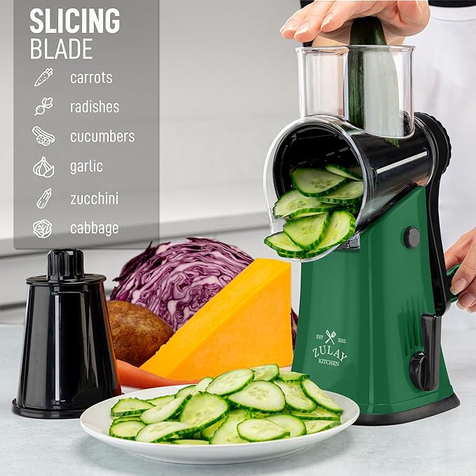 Zulay Kitchen Rotary Cheese Grater 5 Blade Cheese Shredder - Manual Hand Crank Cheese Grater With Reinforced Suction & 5 Interchangeable Drums - Easy to Use, Vegetable Chopper Round Mandoline Slicer