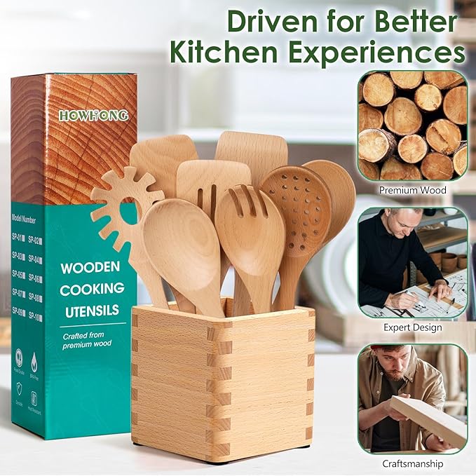 Wooden Spoons for Cooking, 8-Piece Natural Beech Wood Cooking Utensils Set – Wooden Kitchen Utensils Set, Nonstick Safe Non-Toxic Wooden Cooking Tools by HOWHONG