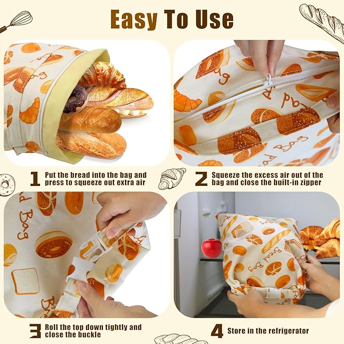Reusable Beeswax Bread Bags for Homemade Bread Sourdough, XL Eco-Friendly Fresh Food Storage with Buckle & Zipper, Moisture Lock, Keeps Bakes Fresh Longer (2 Pack)