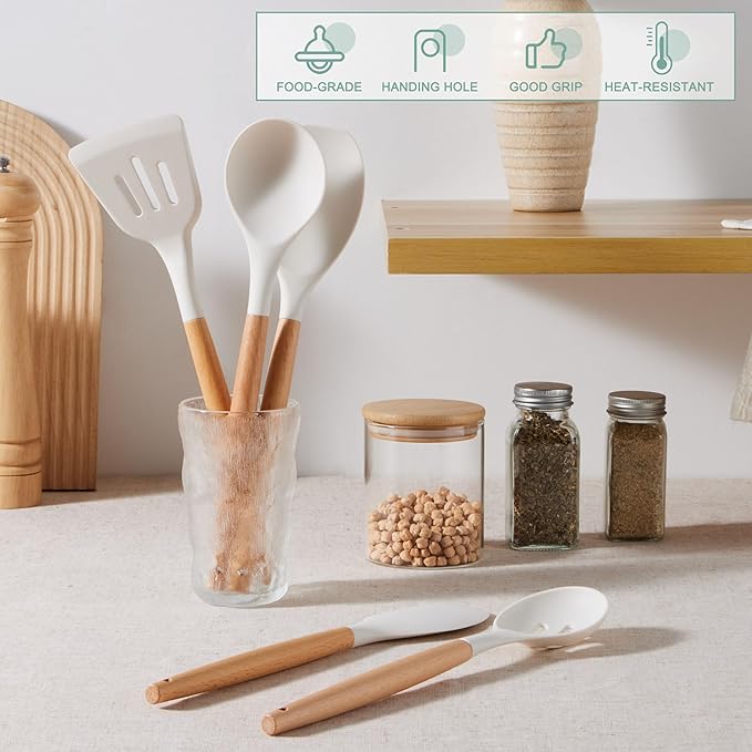 E-far Silicone Cooking Utensils Set, 5-Piece Kitchen Utensils Set with Wooden Handle for Cooking, Silicone Kitchen Nonstick Tools Spatula Turner Slotted Spoons, Nontoxic & Heat Resistant-White