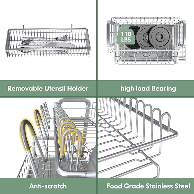 2 Tier Dish Drainers Drying Rack for Kitchen Counter Large Stainless Steel Dishes Drain with Drainboard, Space Saving, Big Modern Silver Countertop Metal Plates Dryer Strainer Holder and Extra Tray