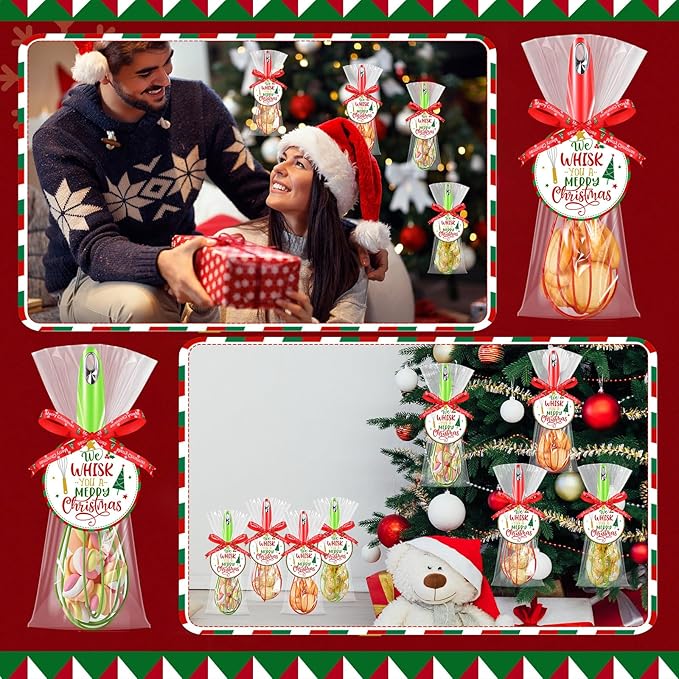 12 Christmas Whisk Gifts Include 10 Inch Christmas Stainless Steel Silicone Whisk Greeting Cards Ribbons Plastic Bags for Xmas Neighbor Family Friends Baking Enthusiast Cooking Supplies
