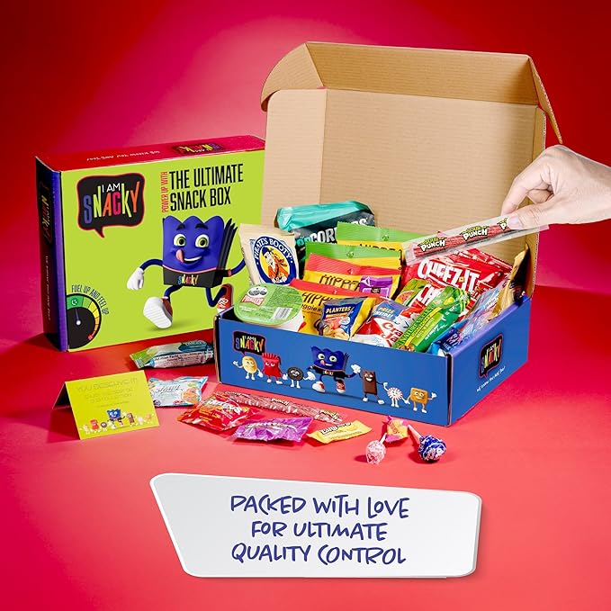 I AM Snacky - Holiday Christmas Stocking Stuffers, Snack Box Variety Pack Care Package + Greeting Card - SNACKY'S BASH BOX (40 Count) Xmas Birthday Sweet Treats Gift Basket, Candies Chips