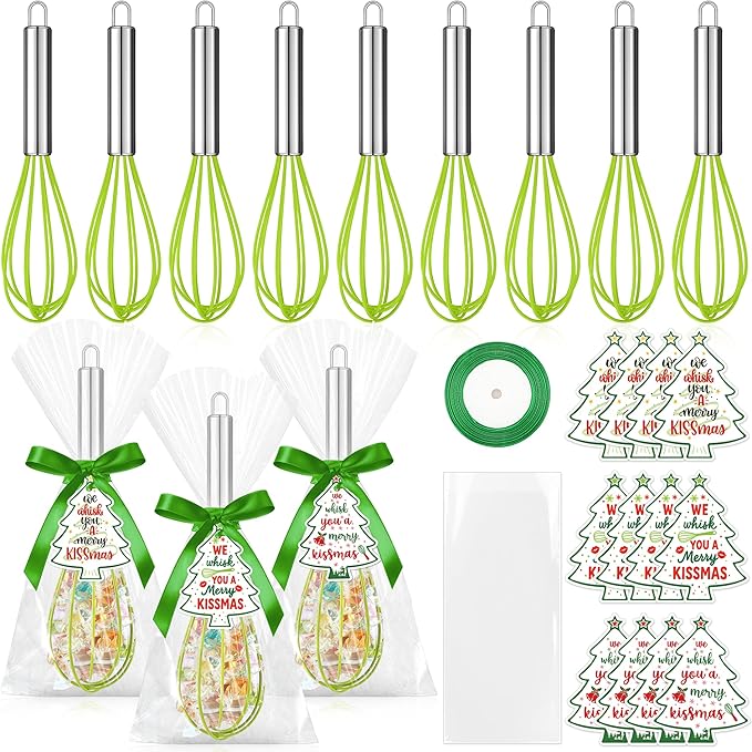 12 Sets 10 Inch Christmas Whisk Baking Gifts, DIY Fillable Christmas Tree Ornaments, Xmas Colored Silicone Whisks for Xmas Employee Neighbor Cooking Supplies Xmas Stocking Stuffers Candy Holder