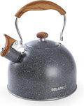 Tea Kettle, BELANKO 85 OZ / 2.5 Liter Whistling Tea Kettle, Tea Pots for Stove Top Food Grade Stainless Steel with Wood Pattern Folding Handle, Loud Whistle Kettle for Tea, Coffee, Milk - Gray