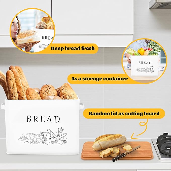 E-far Bread Box for Kitchen Countertop, Metal Bread Storage Container Bin with Bamboo Lid for Cutting Bread, Extra Large & Farmhouse Style, 13” x 7.2” x9.8”, White