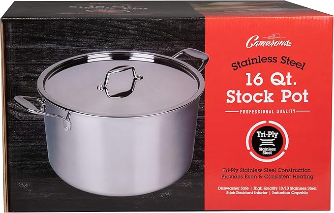 Camerons 16 Quart Stock Pot with Lid - Tri-ply 18/10 Professional Grade Induction Ready Stainless Steel Sauce Pot w/Handles - Stick Resistant Interior- Great for Cooking Christmas Dinner & Xmas Gift