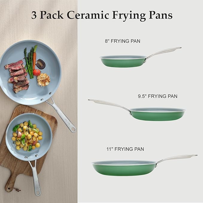 Ceramic Frying Pan Set with Stainless Steel Handle - Perfect Cookware Set for Steak & Non Stick Cooking - Ceramic Pans Set Non Stick Trendy Essential for Young Chefs(Green)