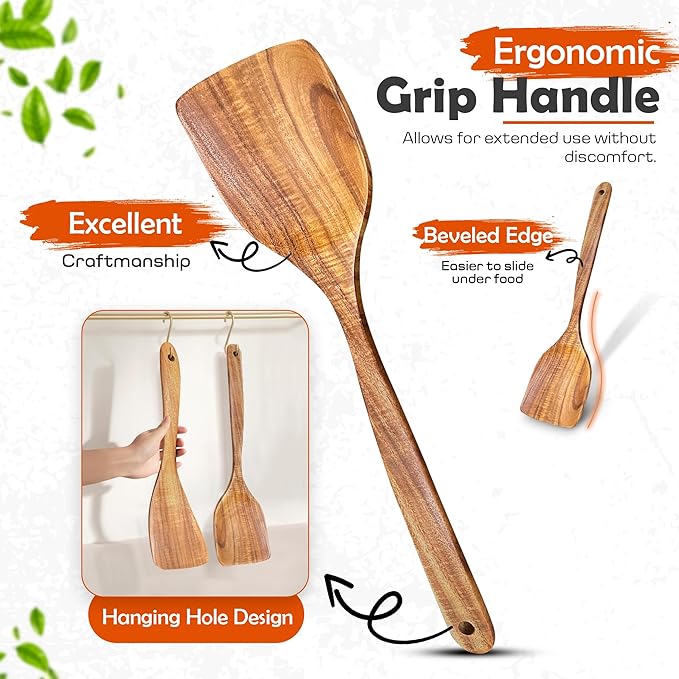 2 Pcs Wooden spoons for cooking,(Spatula & Fried Spatula). Teak wood kitchen utensils set, Long handle frying turner, Non-stick and non-scratch spurtle for backing, frying and cooking.