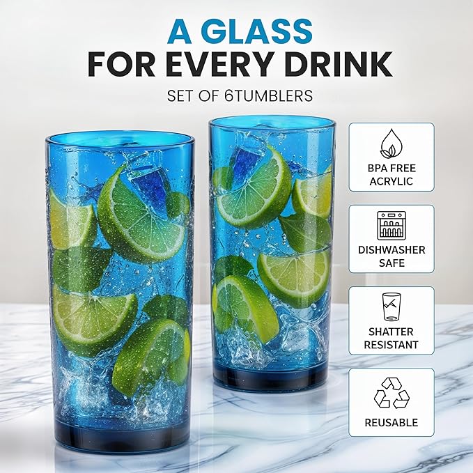 Zulay Kitchen Acrylic Glasses Drinkware - 6 Piece Unbreakable Plastic Tumblers - BPA-Free, Reusable Plastic Drinking Glasses for Home & Outdoors - Stackable, Lead-Free, Dishwasher Safe, Blue (24oz)