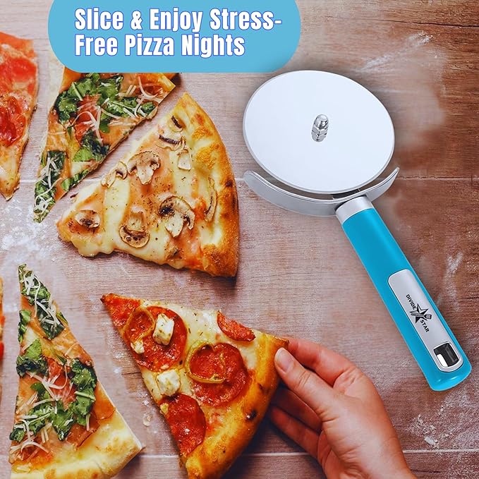 Pizza Cutter Wheel 4” – Sharp Stainless Steel Blade for Effortless Slicing – Ergonomic Grip, Dishwasher Safe – Professional Pizza Slicer for Thick Crust, Flatbreads, Dough – DIVIDESTAR (Blue)