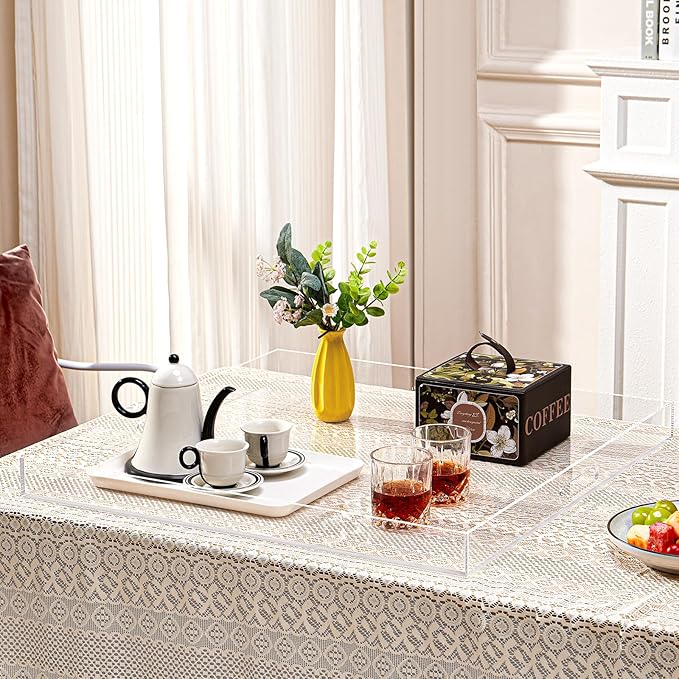 16×16 inches Oversized Clear Acrylic Ottoman Tray Extra Large Decorative Tray Spill-Proof Serving Trays with Handles King-Size Safe Edge Organizer for Coffee Table Countertop Breakfast