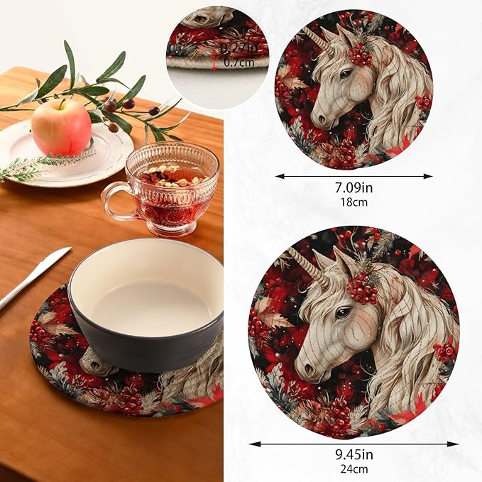 Unicorns Christmas Berries Kitchen Trivets Pot Holders Set of 2, Trivets for Hot Pots Dishes Woven Trivet Coaster Pad Mat for Counter
