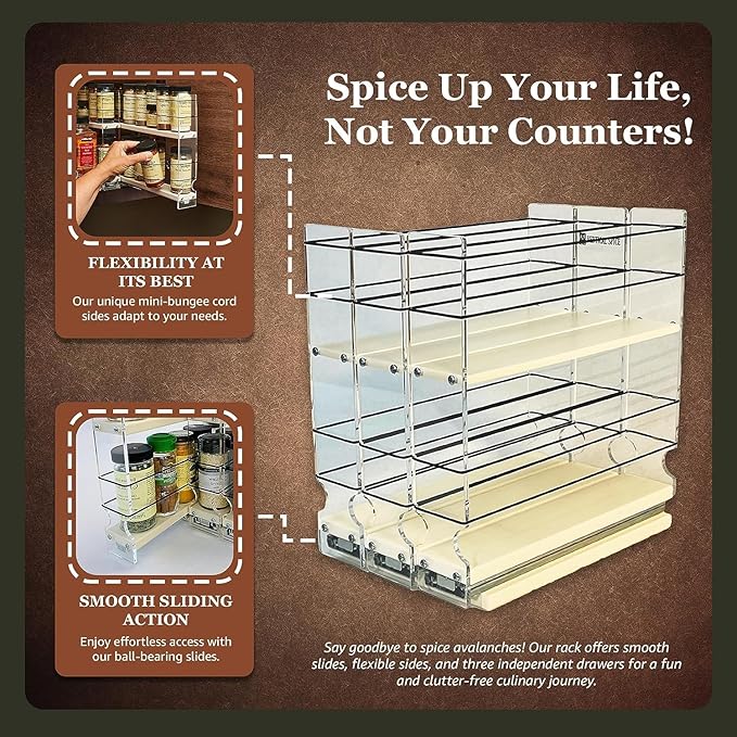 Vertical Spice Cabinet Mounted Spice Rack Drawer - Pull Out Cabinet Organizer - Cupboard Organizers & Storage - Pantry Shelf -45 Half Sized Jars, 3 Drawers, 2 Tiers (6.9" W x 9.25" H x 10.6" D, Cream)