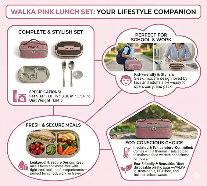 WALKA Lunch Box Stainless Steel, Metal Bento Boxes Leak-Proof, 4 Compartments Bento Lunch Box, Food Storage Containers, Dishwasher Safe with Bag (Pink)