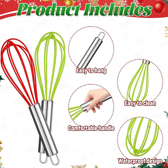 24 Sets 10 Inch Christmas Whisk Baking Gifts, DIY Fillable Christmas Tree Ornaments, Xmas Colored Silicone Whisks for Xmas Employee Neighbor Cooking Supplies Xmas Stocking Stuffers Candy Holder