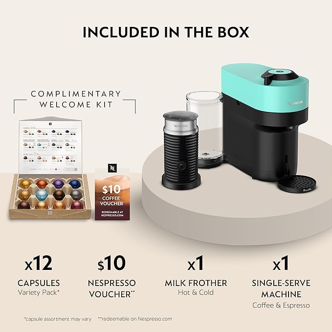 Nespresso Vertuo Pop+ Coffee and Espresso Maker by Breville with Milk Frother, Aqua Mint