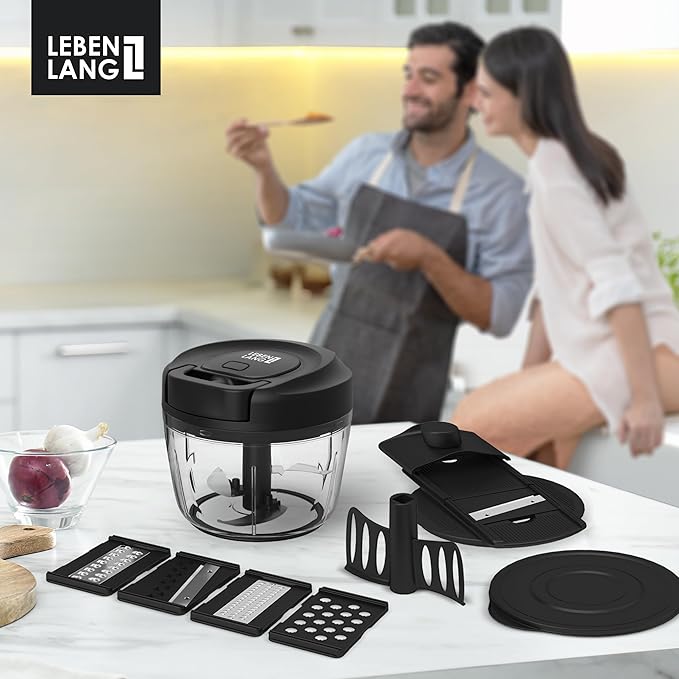 LEBENLANG Manual Food Processor & Onion Chopper - 26 OZ incl. Useful Acessory I BPA-Free I Manual Food Chopper with pull string for garlic & veggie chop I Food mincer vegetable cutter hand pull held