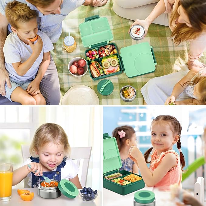 Bento Lunch Box Set for Kids with 8oz Soup Thermo, Leak-Proof Lunch Containers with 4 Compartment, Kids Thermo Hot Food Jar and Insulated Lunch Bag for Kid to School-Green