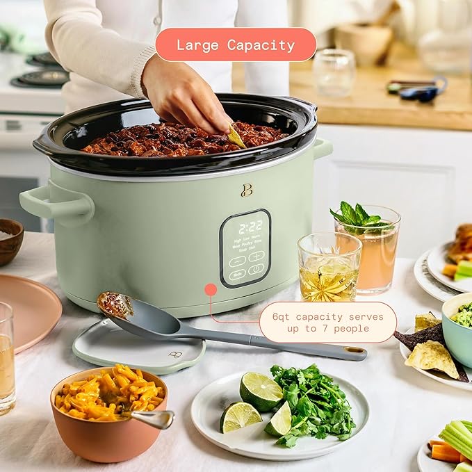 Beautiful 6 Qt Programmable Slow Cooker with Touch Control, Digital Timer and Keep Warm Function – Large Electric pot Capacity Kitchen Appliance by Drew-Barrymore (Sage Green)