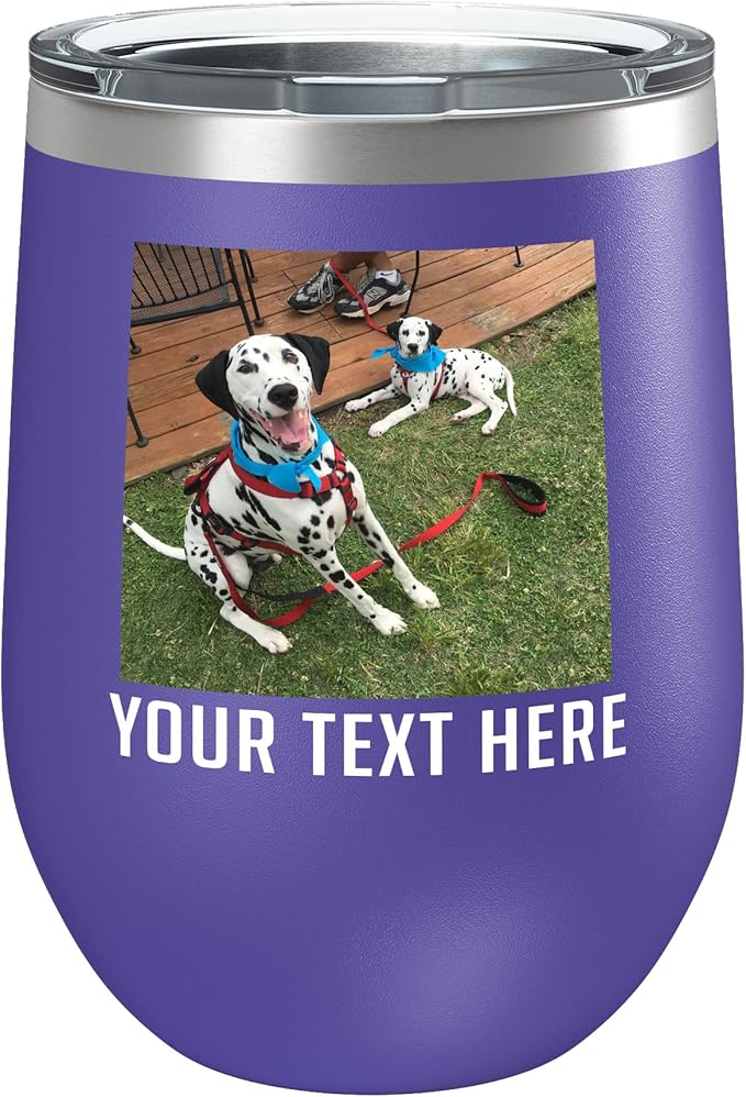 Personalized Mothers Day 12oz Photo Printed Insulated Stainless Steel Powder Coated Stemless Wine Tumbler with Lid, Customized Mom Gift Idea for Her, Custom Mum Coach Gifts Team (Purple)