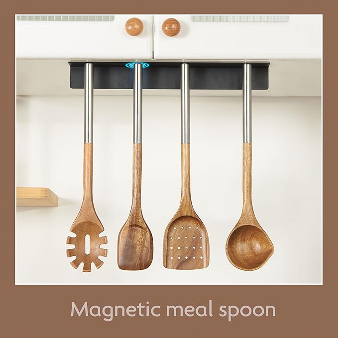 4 PCS Acacia Wood Cooking Utensils Set with Magnetic Hanging Handles Stainless Steel, Heat-Resistant Multi Function Cooking Tools