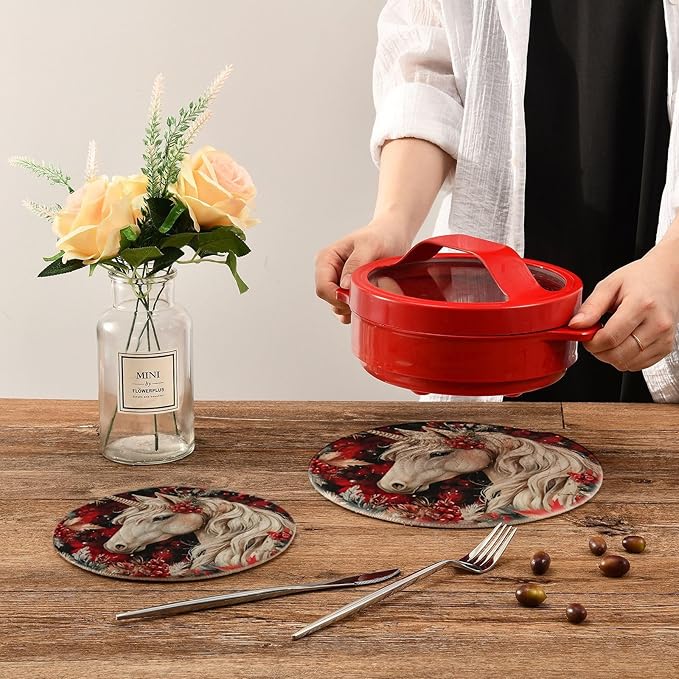 Unicorns Christmas Berries Kitchen Trivets Pot Holders Set of 2, Trivets for Hot Pots Dishes Woven Trivet Coaster Pad Mat for Counter