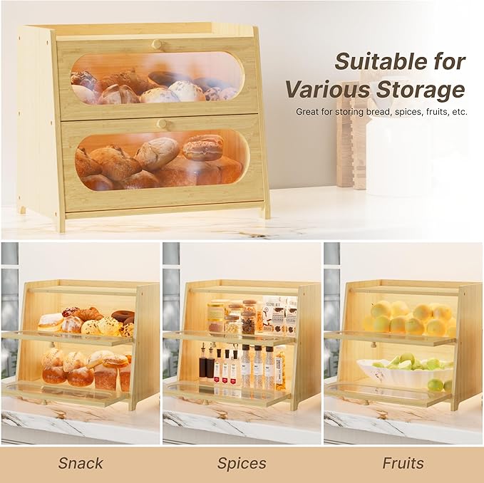 Double Layer Bamboo Bread Box for Kitchen Countertop, Large Capacity with Window Breadbox, Farmhouse Bread Storage Container, Fits Corner, Cabinet, Pantry