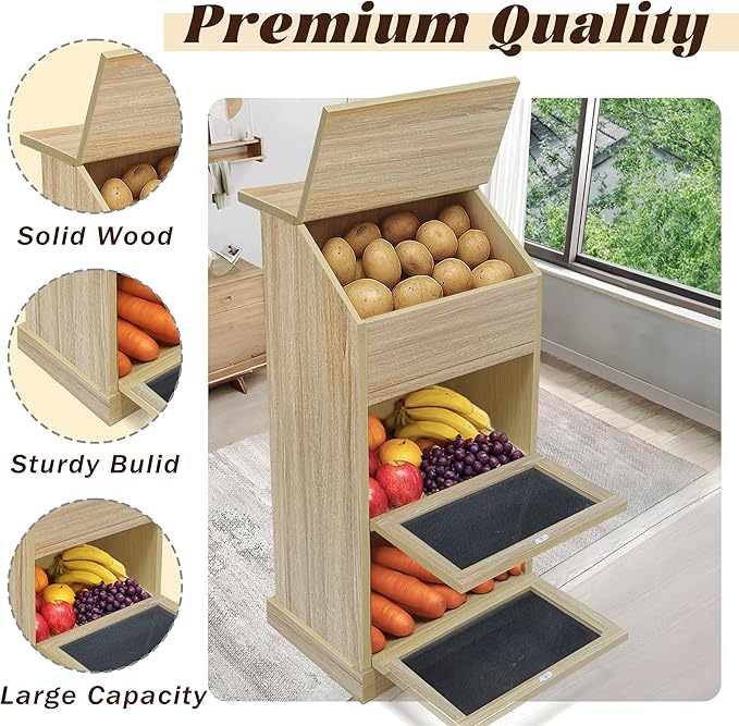 Potato Storage Bin, 3-Tier Potato and Onion Storage Bin with Lid, Wooden Bread Box for Fruit and Vegetable,Food Storage Containers for Kitchen Pantry (White Oak)